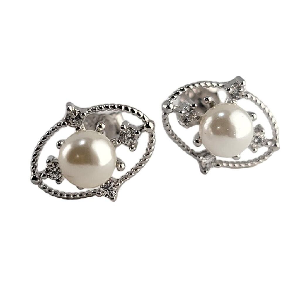 Elegant 1cm Sterling Silver Simulated Pearl & CZ Halo Stud Earrings